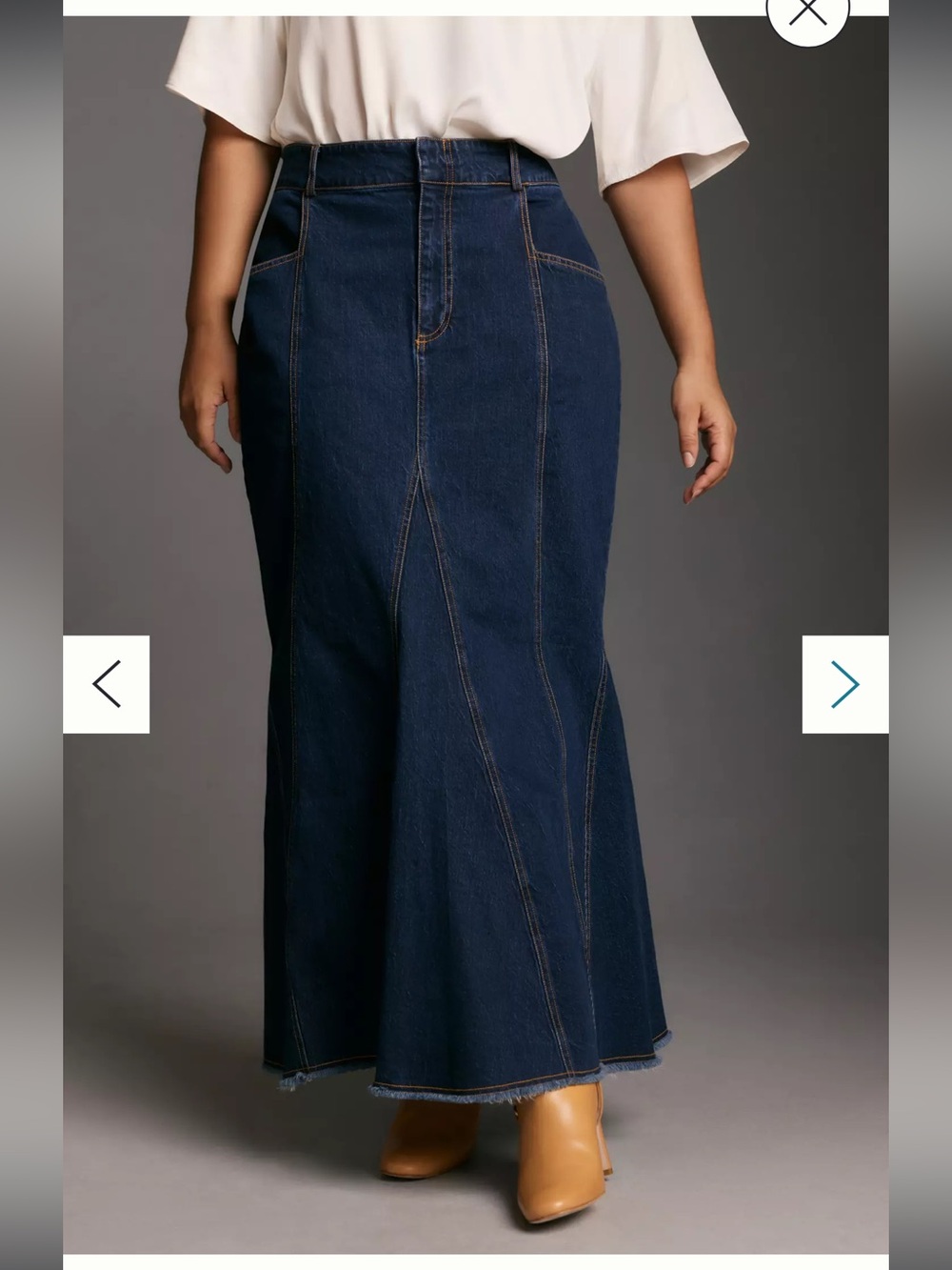 PILCRO Anthropologie Fluted Denim Maxi Skirt Dark Wash Raw Hem Size 12 - Picture 7 of 16